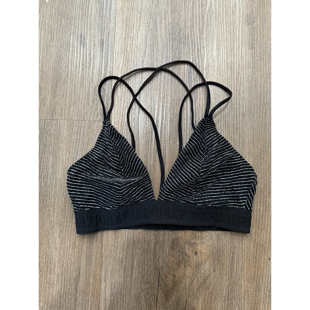 Victoria's Secret Bra Medium Black‎ Unlined Wirefree Silver Stripe Logo